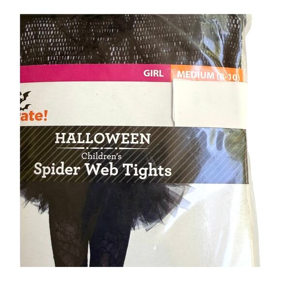 Halloween Spider Web Tights Girls 8/10 MED Black Lace Mesh Wicked Costume New - Picture 3 of 5